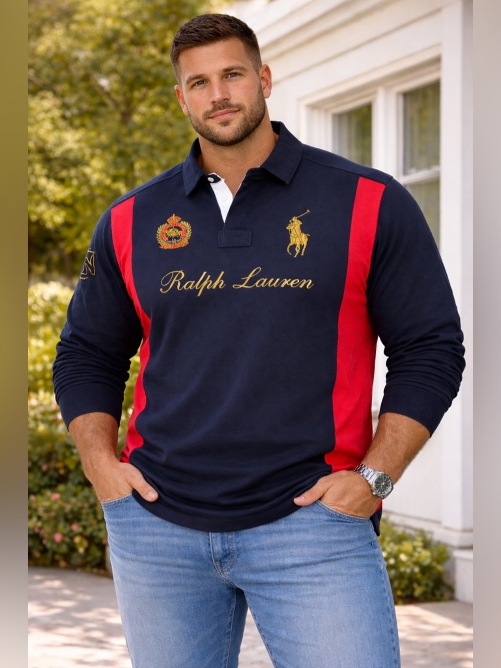 VTG Polo Ralph Lauren Rugby Shirt Mens 3XL Tall Gold Crest Blue Red Big Pony - Picture 1 of 14